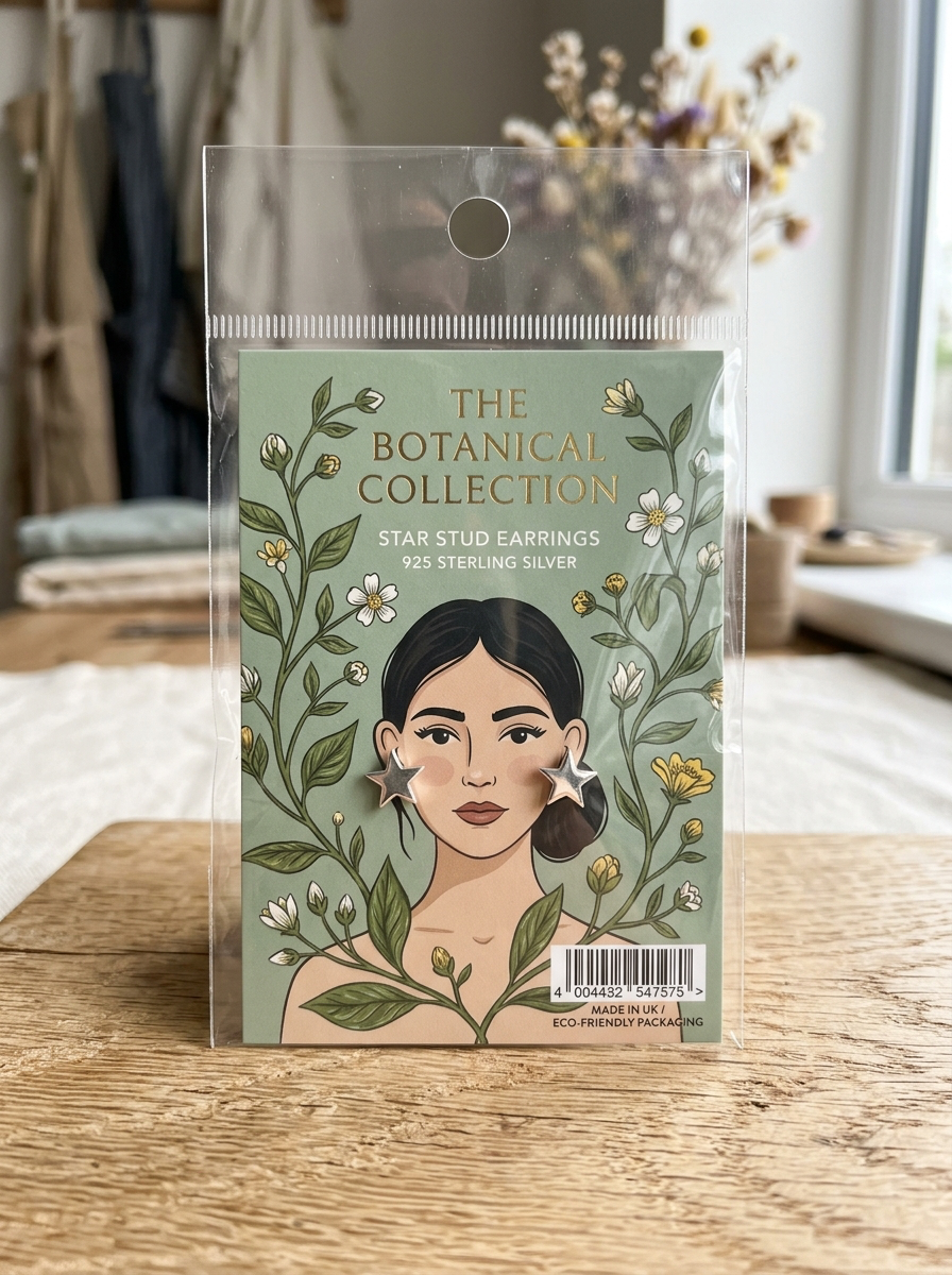 Nova polished silver star stud earrings on botanical illustrated card packaging