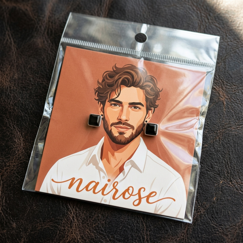 Onyx geometric square stud earrings on Nairose illustrated card packaging